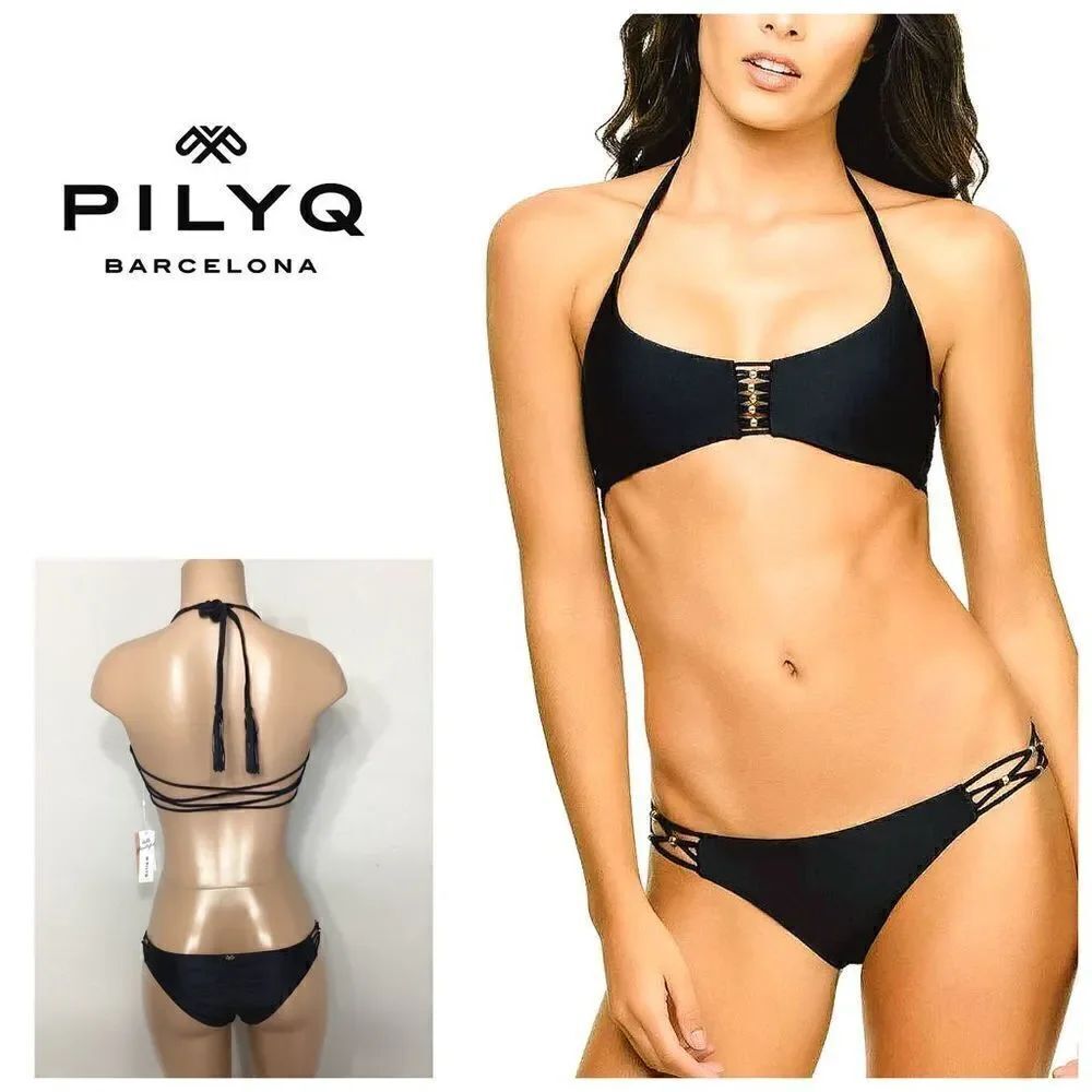 New. Pilyq black braided bikini set. D-cup/M-bottom